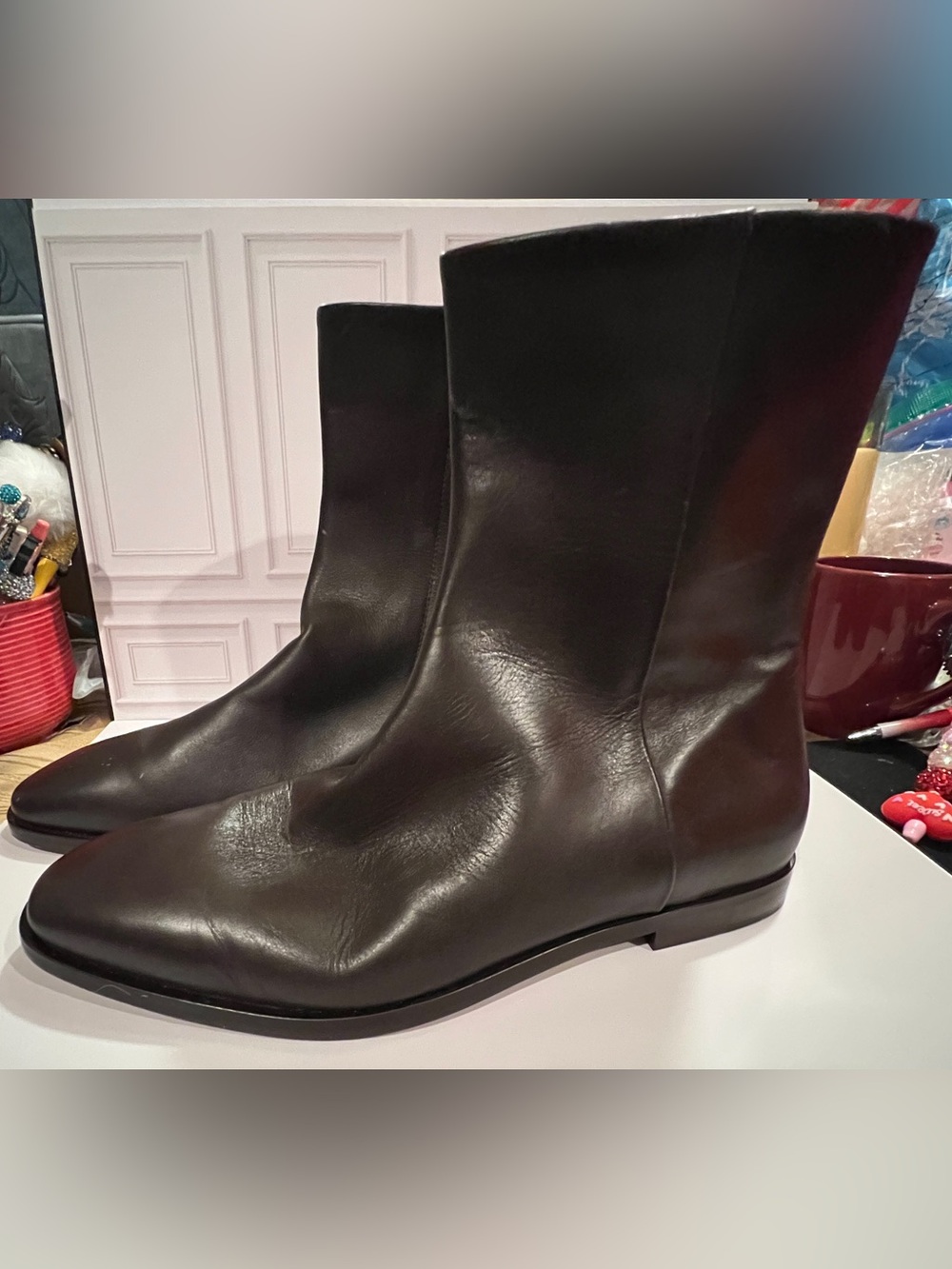 Theory Dark Brown Pointed Toe Leather Ankle Boots